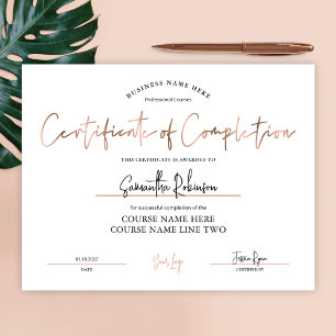 Award Certificate of Completion Bronze Rose Gold
