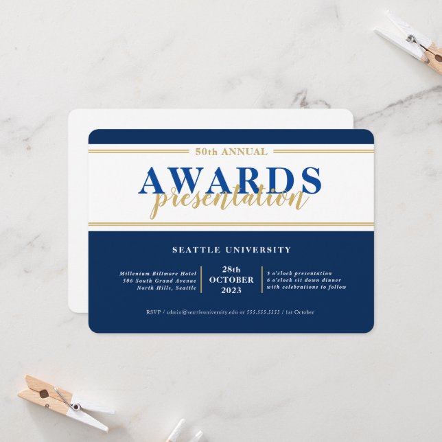 AWARDS DINNER modern event simple navy blue gold Invitation (Front/Back In Situ)