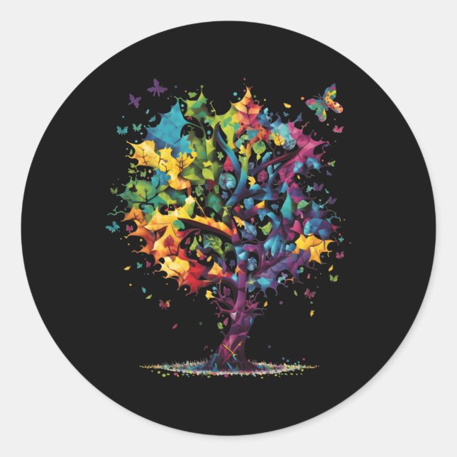 Awareness Autism Puzzle Pieces Colourful Tree Neur Classic Round Sticker (Front)