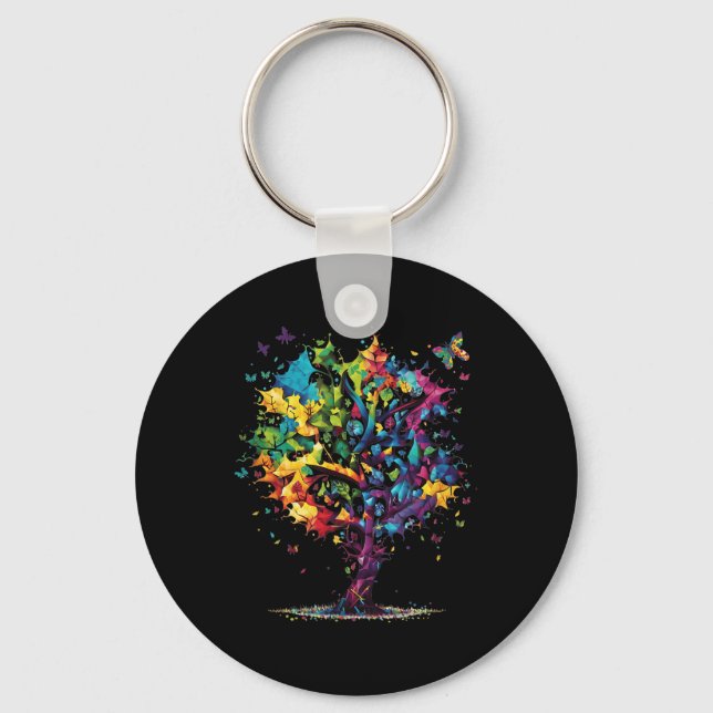 Awareness Autism Puzzle Pieces Colourful Tree Neur Key Ring (Front)