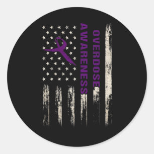Awareness Flag Pruple Ribbon Addiction Recovery 2 Classic Round Sticker
