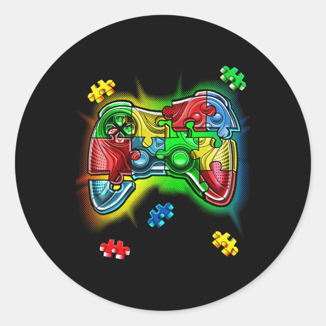 Awareness Video Game Controller Puzzle Piece Boys  Classic Round Sticker (Front)