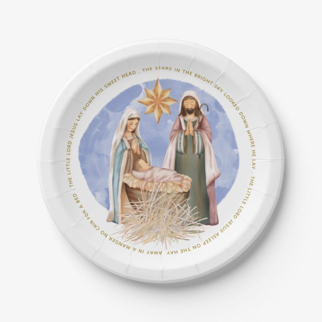 Away In A Manger Carol Lyrics Gold Text Nativity Paper Plate (Front)