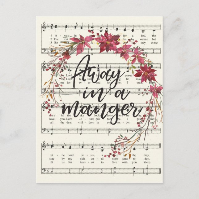 Away in a Manger Christmas Wreath Hymn Holiday Postcard (Front)