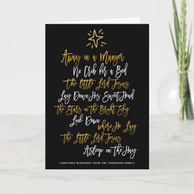 Away in a Manger Festive Carol script Typography Holiday Card (Front)