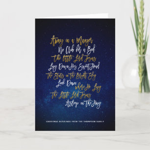 Away in a Manger Gold White Script Christmas Carol Holiday Card