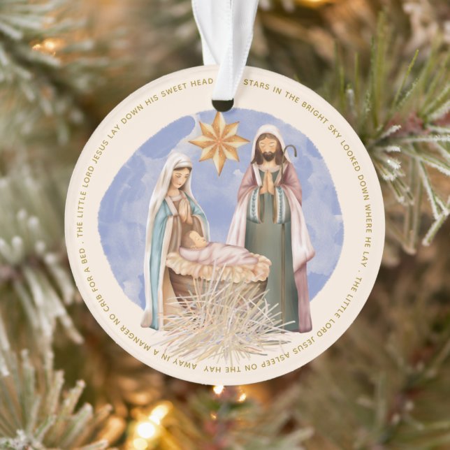 Away In A Manger Lyrics Nativity Gold Text Cream Ornament (Tree)