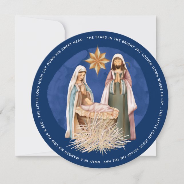 Away In A Manger Lyrics Nativity Scene Circular Holiday Card (Front)