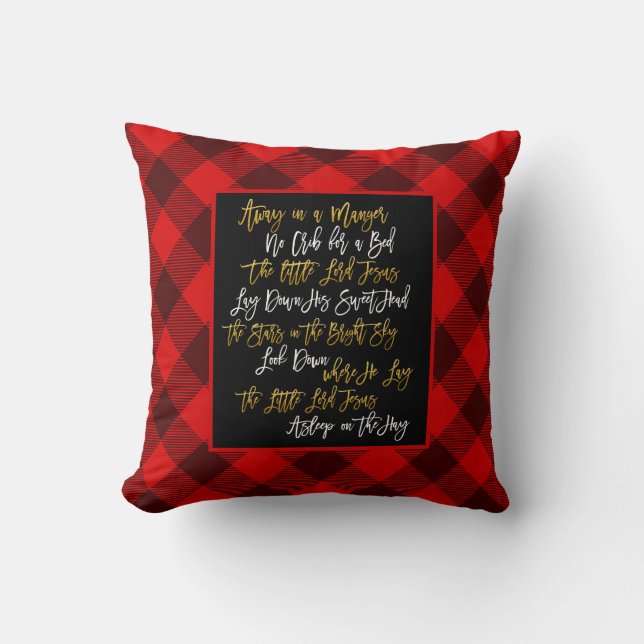 Away In A Manger Lyrics Red Brown Plaid Christmas Cushion (Front)