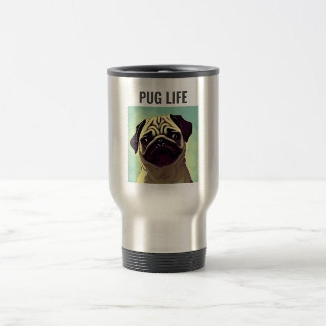 Awe Cute Pug and wrinkled face and nose animal art Travel Mug (Center)