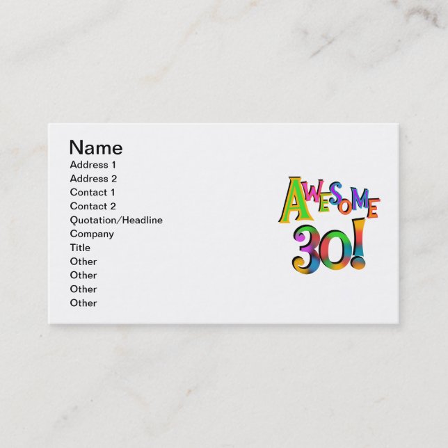 Awesome 30 Birthday T-shirts and Gifts Business Card (Front)