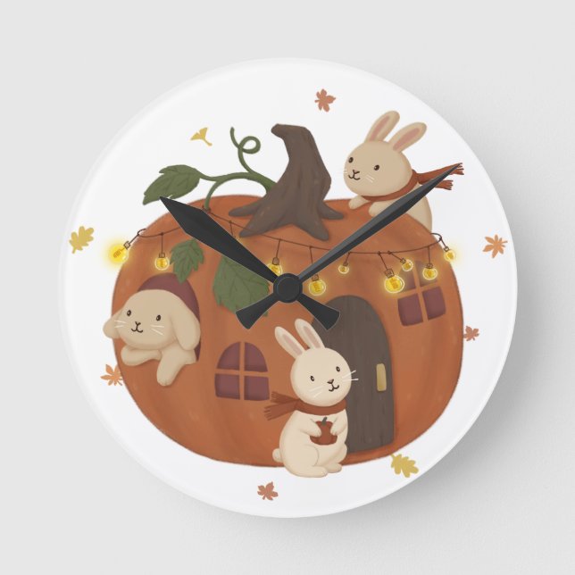 Awesome Autumn: Bunny & Pumpkin Round Clock (Front)