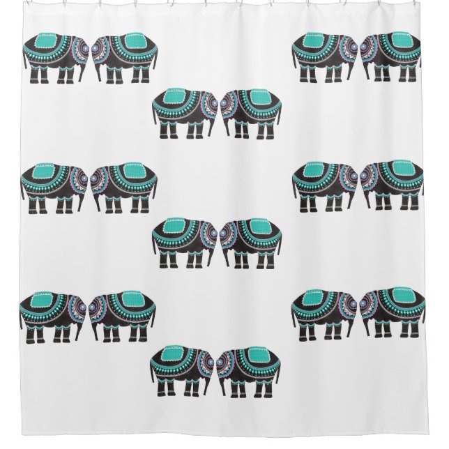 Awesome Black Ornate Elephant on Turquoise Colour Shower Curtain (Front)