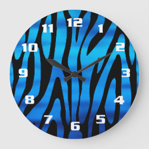 Awesome Blue and Black Zebra Stripes Pattern Large Clock