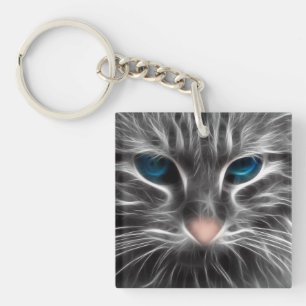 Awesome Blue Eyed Cat Face Key Ring