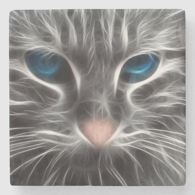 Awesome Blue Eyed Cat Face Stone Coaster (Front)