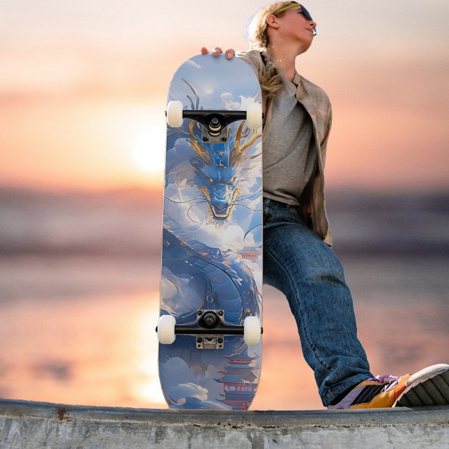 Awesome Blue Gold Dragon Soaring Above Clouds Skat Skateboard (Creator Uploaded)