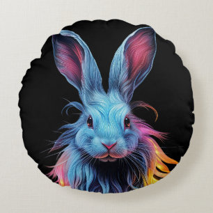 Awesome Blue Rabbit on Fire Round Cushion