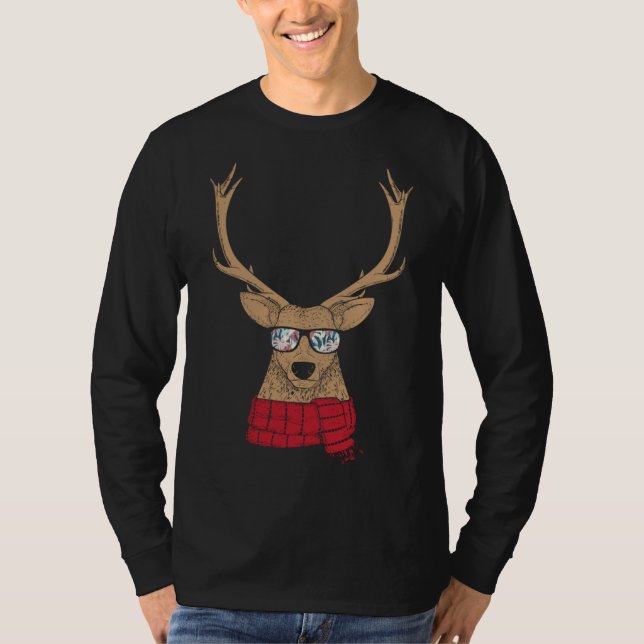 Awesome Christmas Reindeer with Cool Glasses T-Shirt (Front)
