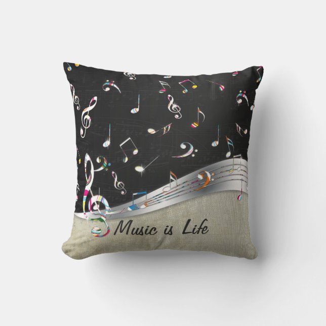 Awesome cool "Music is Life" colourful music notes Cushion (Front)