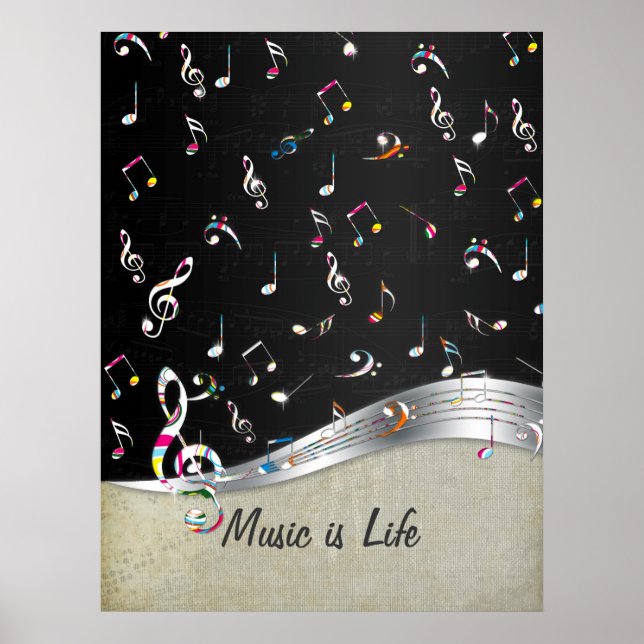 Awesome cool "Music is Life" colourful music notes Poster (Front)