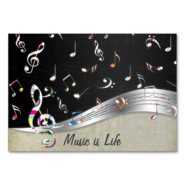 Awesome cool "Music is Life" colourful music notes Table Number (Front)