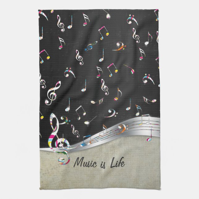 Awesome cool "Music is Life" colourful music notes Tea Towel (Vertical)