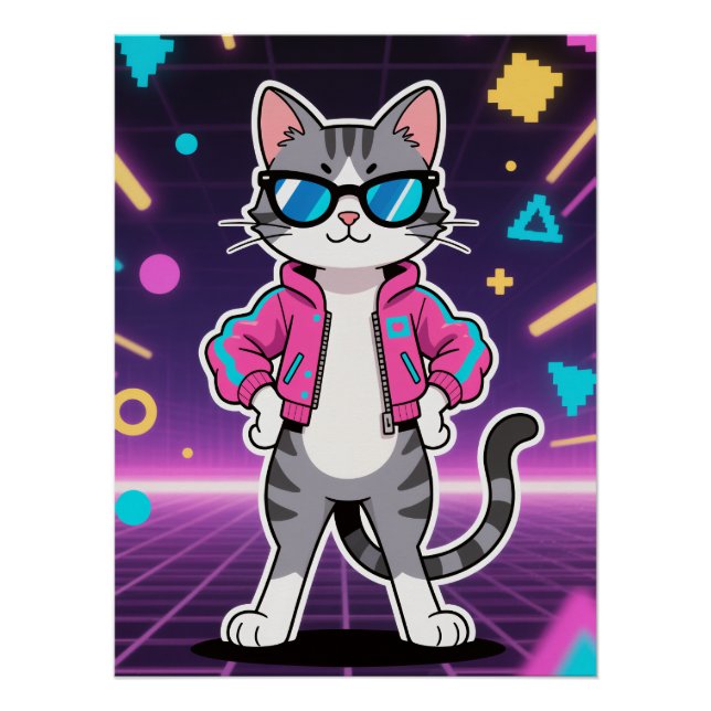 Awesome Cool Retro Gamer Cat Poster (Front)