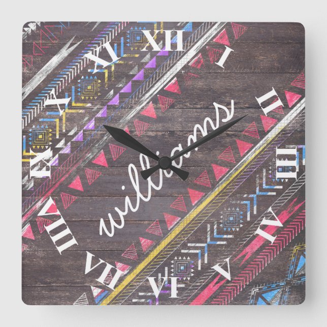 Awesome Cool trendy Aztec tribal Andes wood Square Wall Clock (Front)