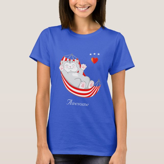 Awesome Cute Kitty Cat in Hammock T-Shirt (Front)