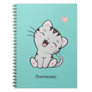Awesome Cute Kitty Cat on Light Blue Notebook