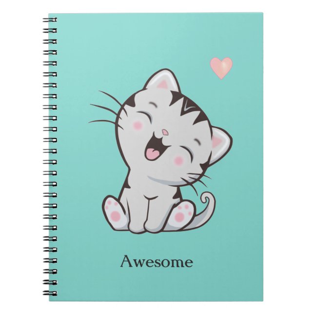 Awesome Cute Kitty Cat on Light Blue Notebook (Front)