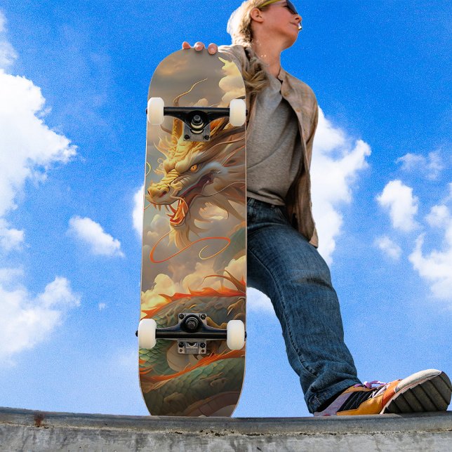 Awesome Dragon Soaring in Clouds Green Red Golden Skateboard (Creator Uploaded)