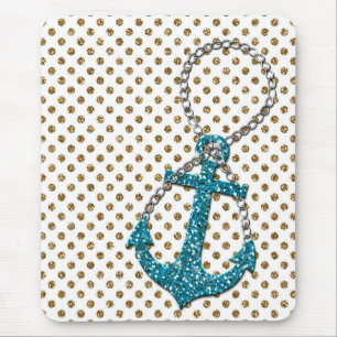 Awesome faux glitter peacock blue nautical anchor mouse pad