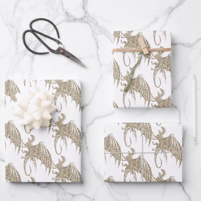 Awesome Golden Mosaic Dragon Wrapping Paper Sheet (Front)