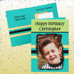 Awesome Grandson add photo turquoise birthday Card<br><div class="desc">For an awesome Grandson birthday greeting card.
This card is sure to put a smile on his face and make him feel special.
just add your personalised message inside and replace the photo with your own.
Colour scheme is yellow,  green and turquoise.</div>