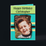 Awesome Grandson add photo turquoise birthday Card<br><div class="desc">For an awesome Grandson birthday greeting card.
This card is sure to put a smile on his face and make him feel special.
just add your personalised message inside and replace the photo with your own.
Colour scheme is yellow,  green and turquoise.</div>