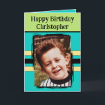 Awesome Grandson add photo turquoise birthday Card<br><div class="desc">For an awesome Grandson birthday greeting card.
This card is sure to put a smile on his face and make him feel special.
just add your personalised message inside and replace the photo with your own.
Colour scheme is yellow,  green and turquoise.</div>