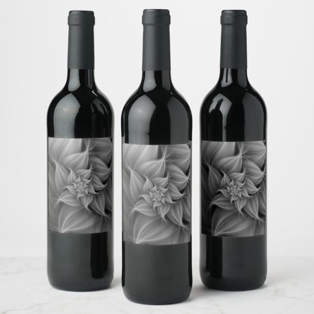 Awesome Grey Flower Fractal  Wine Label (Bottles)
