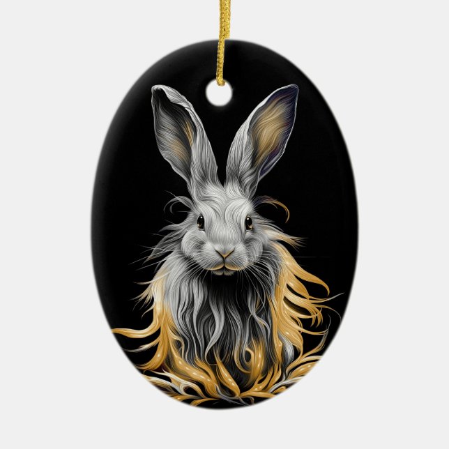 Awesome Grey Rabbit on Fire  Ceramic Tree Decoration (Front)
