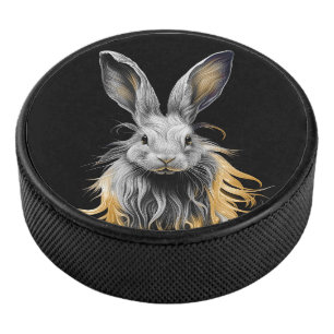 Awesome Grey Rabbit on Fire  Hockey Puck