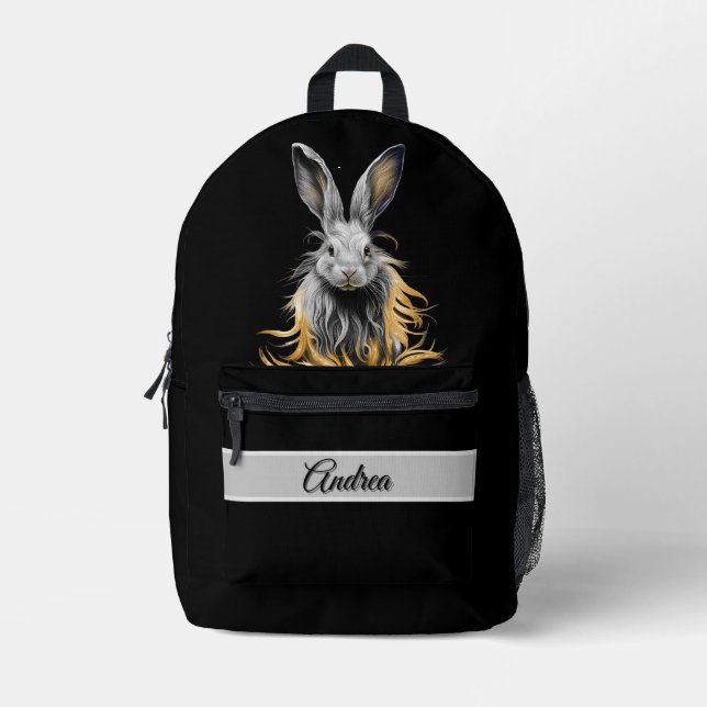 Awesome Grey Rabbit with Personal Name Printed Backpack (Front)
