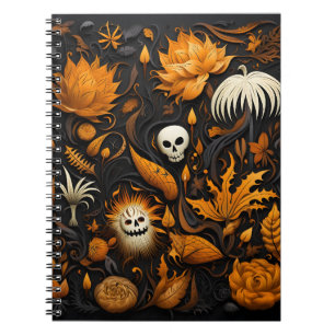 Awesome Halloween Pattern Flowers And White Skull Notebook