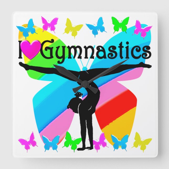 AWESOME I LOVE GYMNASTICS BUTTERFLY DESIGN SQUARE WALL CLOCK (Front)