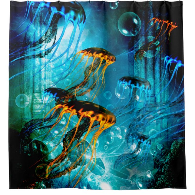 Awesome jellyfish in a fantasy underwater world shower curtain (Front)