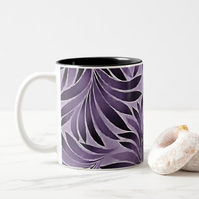 Awesome Leaves Pattern In Lilac and Grey Two-Tone Coffee Mug (With Donut)