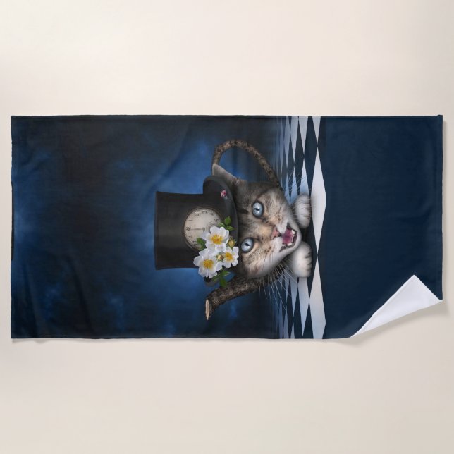 Awesome Mad Hatter Teapot Cat Whimsical Design Beach Towel (Front)