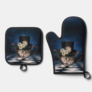 Awesome Mad Hatter Teapot Cat Whimsical Design Oven Mitt & Pot Holder Set