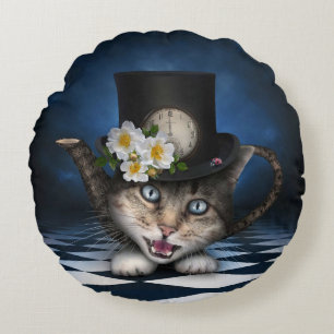 Awesome Mad Hatter Teapot Cat Whimsical Design Round Cushion