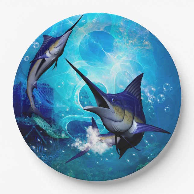 Awesome marlin with bubbles paper plate (Front)